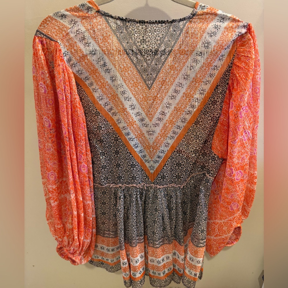 NWOT Free People Aliyah Orange Brown Gold Metallic Printed Boho Tunic Top Medium - Picture 13 of 15